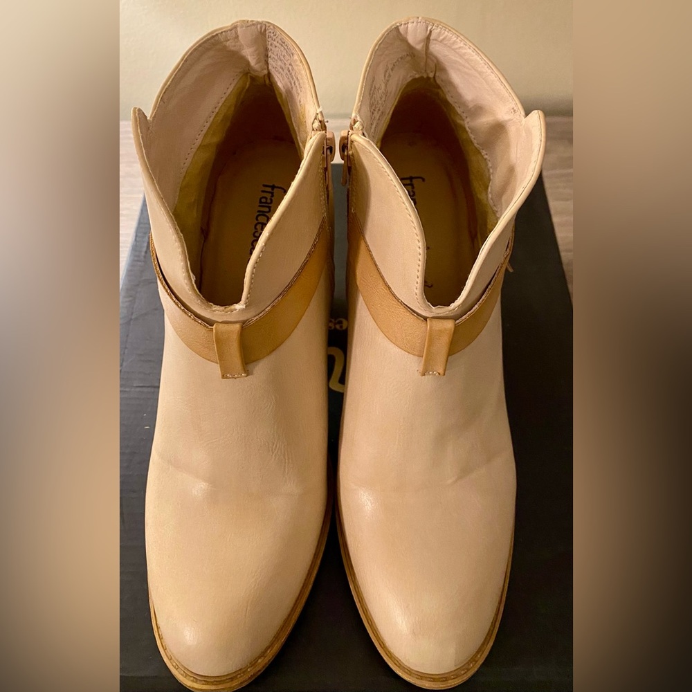Cream wooden heeled booties